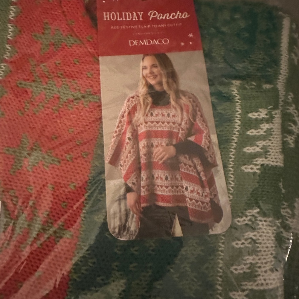 Demdaco Women’s Holiday Red and White Holiday Poncho. 1 size